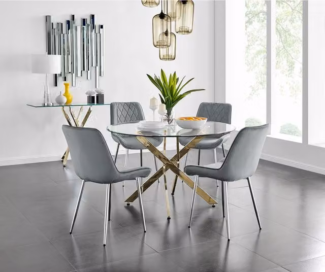 FurnitureboxUK Novara Gold Round Glass Dining Table and Four Pesaro Silver Leg Chairs in Grey