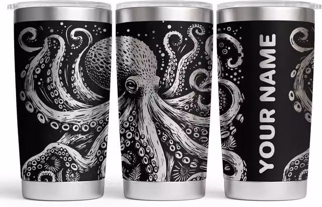 Bad Zebedee Personalised Octopus Engraved Thermal Tumbler in Black, 500ml