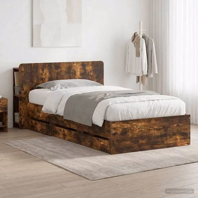 Berkfield Home Modern Bed Frame with Storage Drawers in Smoked Oak Brown, W/D/H: 90 x 200 cm