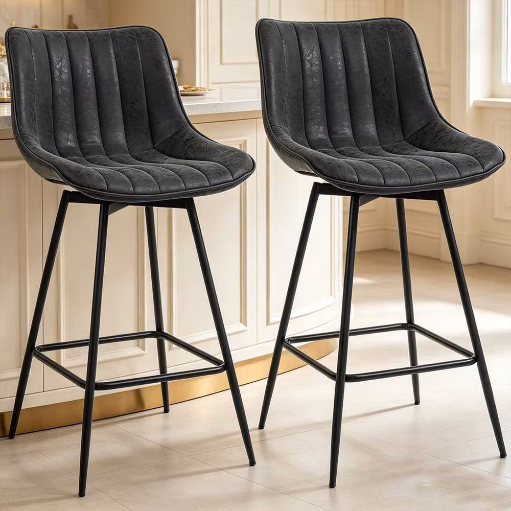 ERGOVEXA Set of 2 Black PU Leather Swivel Bar Stools with Backrest – 4