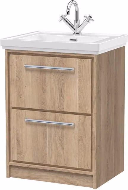 Balterley Longnor 2 Drawer Floor Standing Vanity Basin Unit, Light Oak Brown, W: 60.0 cm, H: 86.6 cm – 1