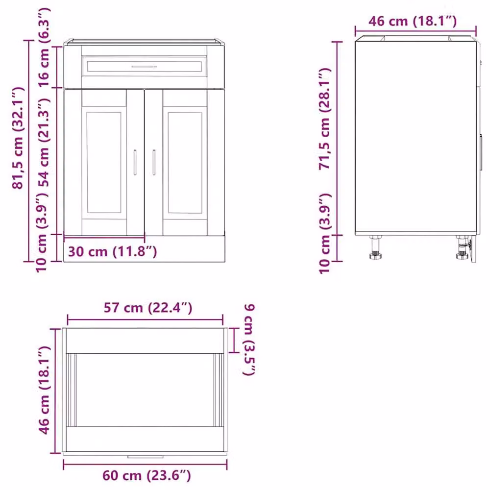 Berkfield Home Porto Kitchen Base Cabinet in Black Matt Engineered Wood, H: 81.5 cm, W: 60.0 cm, D: 46.0 cm – 6
