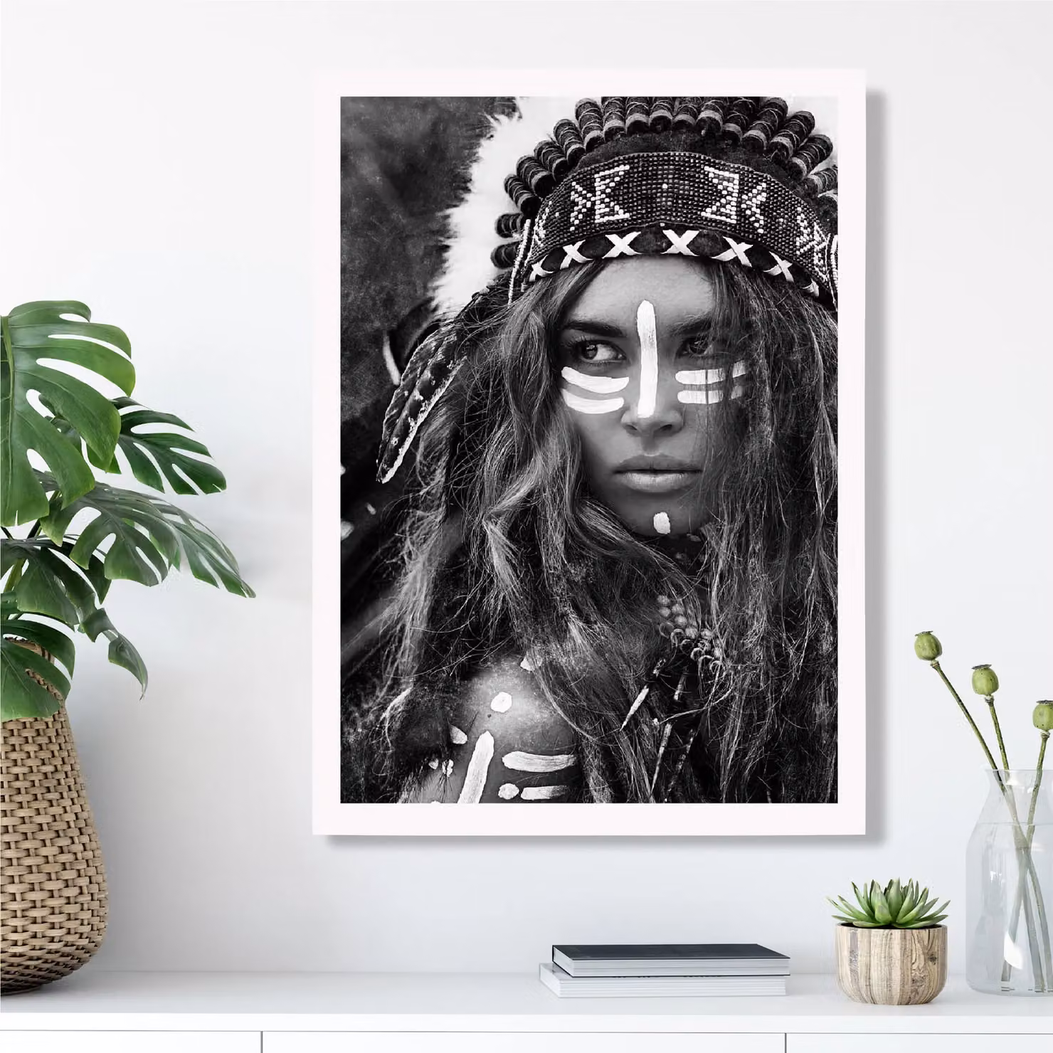 ARTZE Strong Woman Fashion Black and White Photo Framed Print with White Frame, A2 – 2
