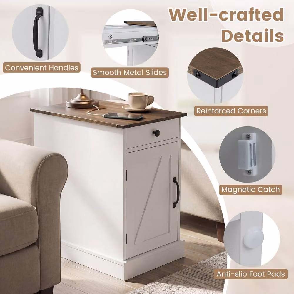 Gymax Farmhouse End Table with Charging Station and Cabinet in White – 5