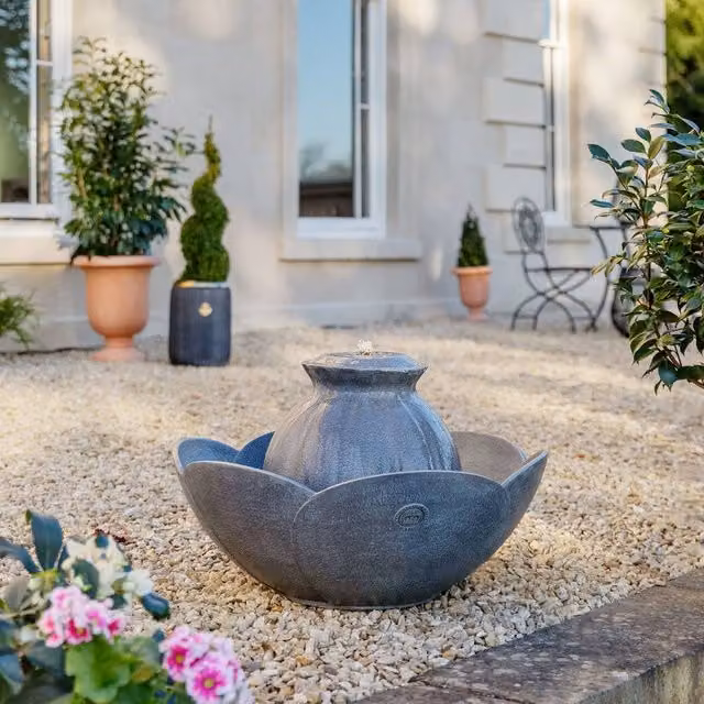 Ivyline Kew Petal Round Tabletop Ceramic Water Feature Fountain in Grey W/D/H: 74 x 144 x 44 cm