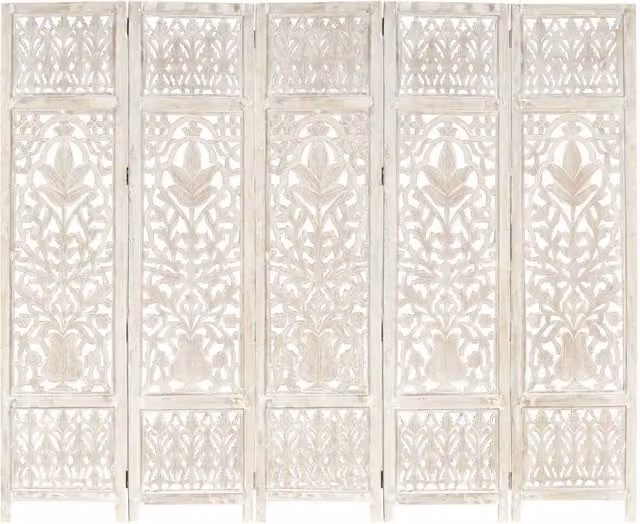Berkfield Home Hand Carved 5-Panel Room Divider in White Solid Mango Wood W/H: 200 x 165 cm