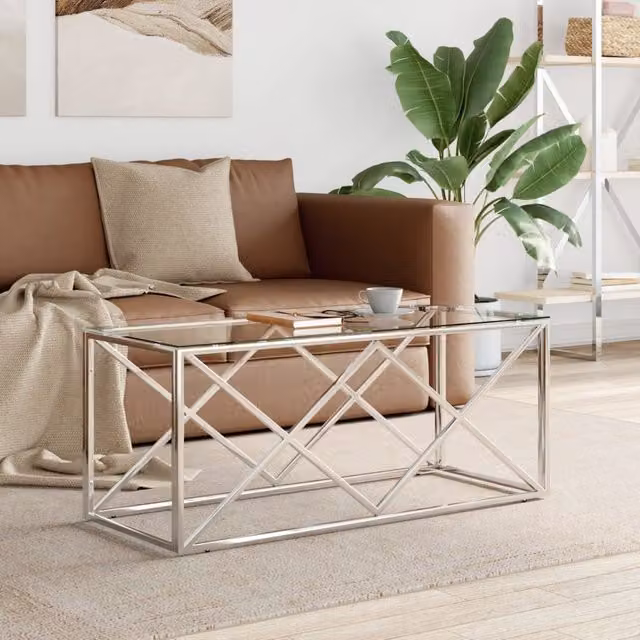 Berkfield Home Modern Rectangular Coffee Table in Silver Stainless Steel and Glass, W: 110 cm, D: 45 cm, H: 45 cm – 1