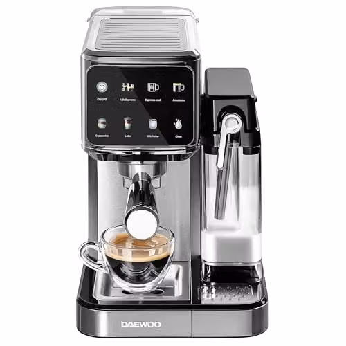 Daewoo One Touch Coffee Machine in Silver with Automatic Milk Frother, Integrated Milk Tank and Iced Coffee Function