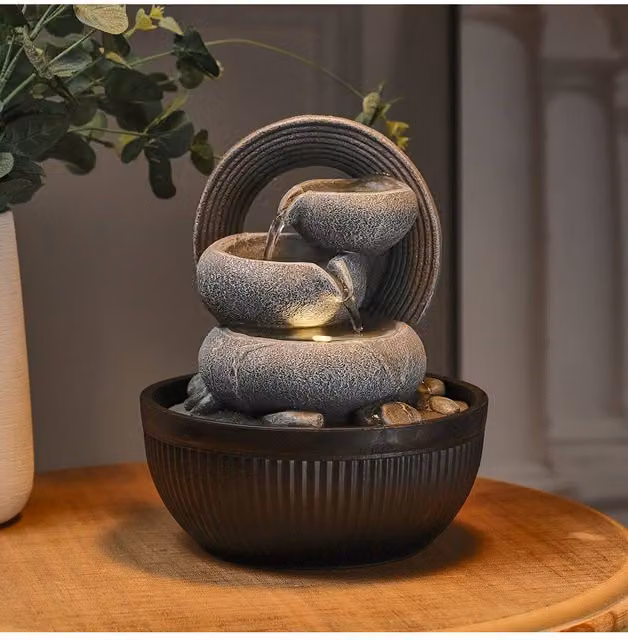 Livingandhome Grey Resin Tabletop Fountain with LED Light, W/D/H: 25.0 x 25.0 x 21.0 cm