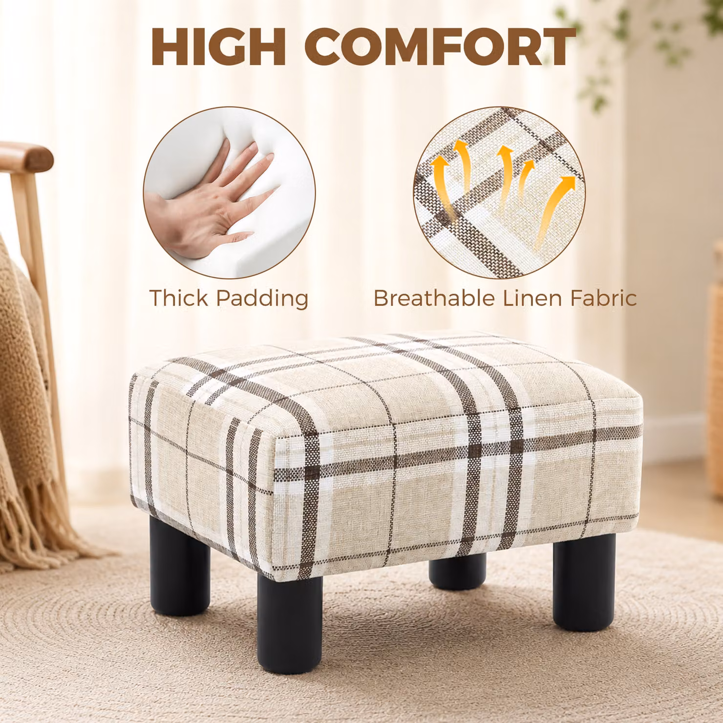 HOMCOM Multicolour Checked Linen Fabric Cube Footstool Ottoman with Wood Frame and Plastic Legs – 3