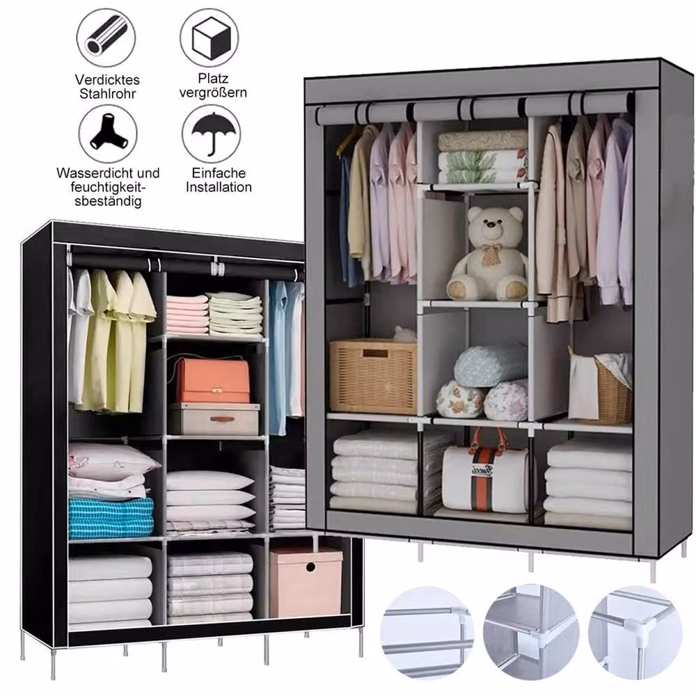PAWNORA Canvas Clothes Storage Wardrobe with Hanging Rail and Shelving, Black – 2