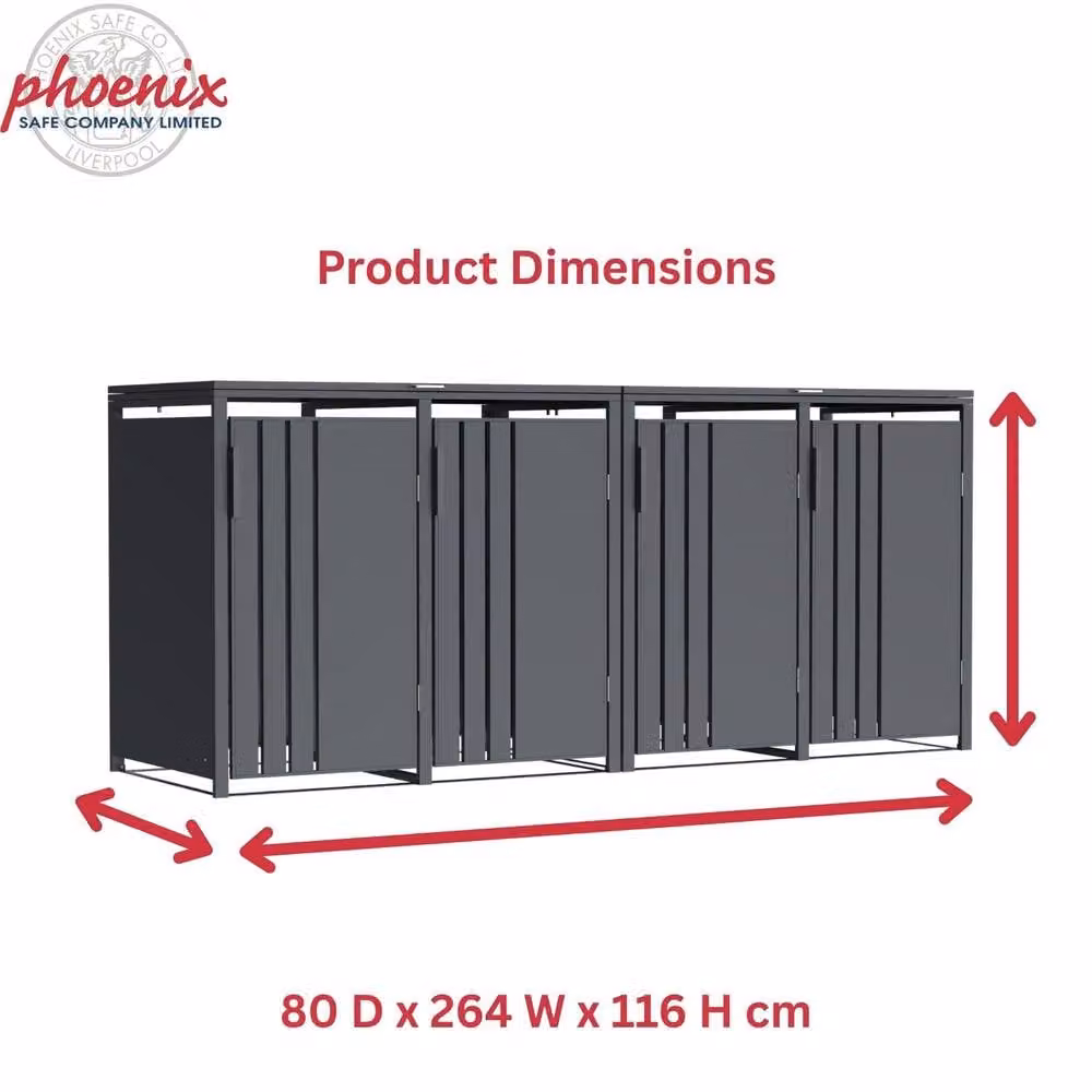 Phoenix Safe Company Anthracite Outdoor Quad Wheelie Bin Store for 4 x 240L Bins, Soft Close Metal Storage, W: 80 cm, D: 116 cm, H: 80 cm – 3