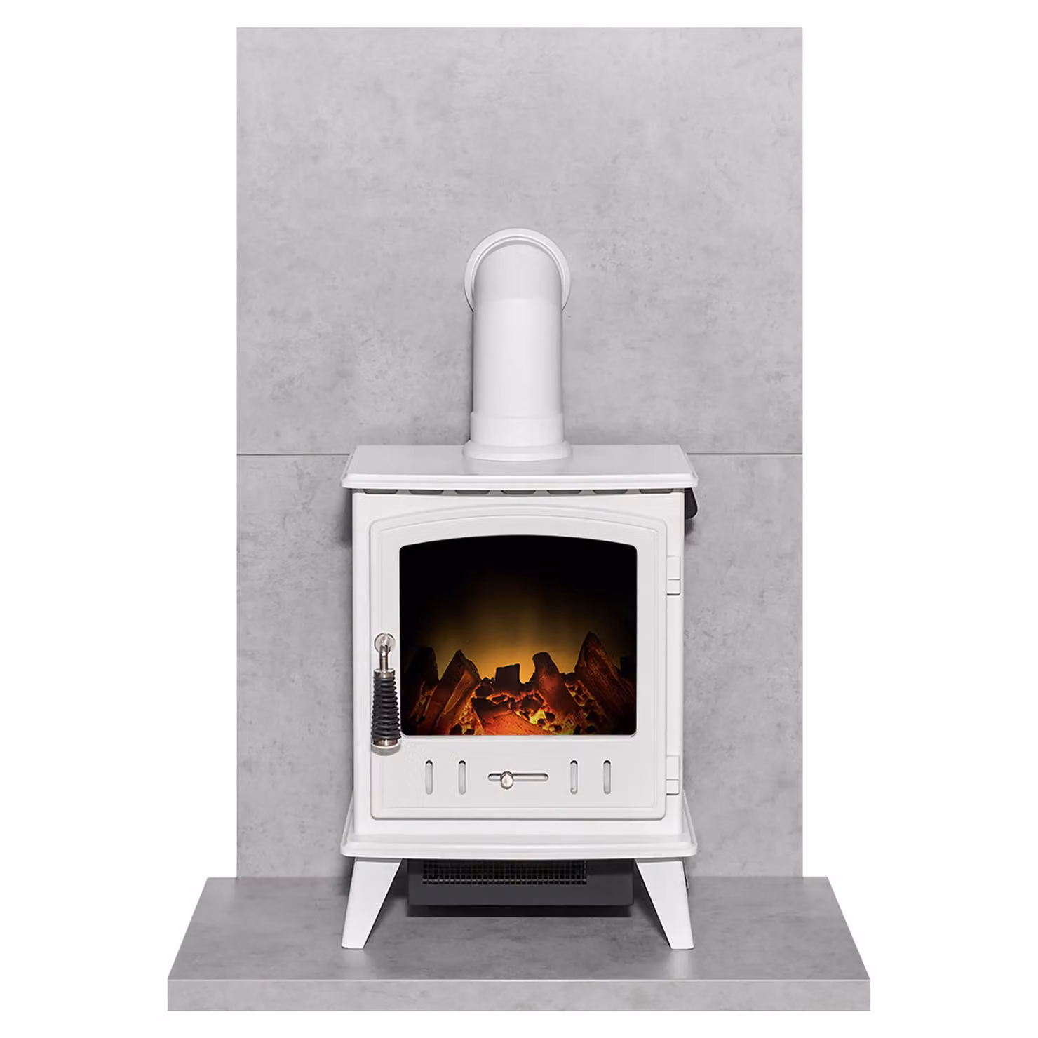 Acantha Fires & Fireplaces Aviemore Electric Stove and Tile & Hearth Set in White Concrete Effect with Angled Pipe – 2