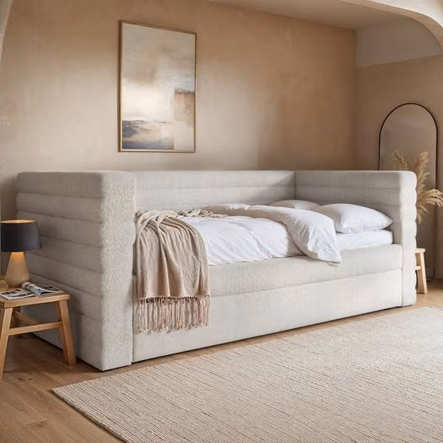 Flair Yuma Boucle Upholstered Guest Bed in White and Beige, W/D/H: 90 x 190 cm