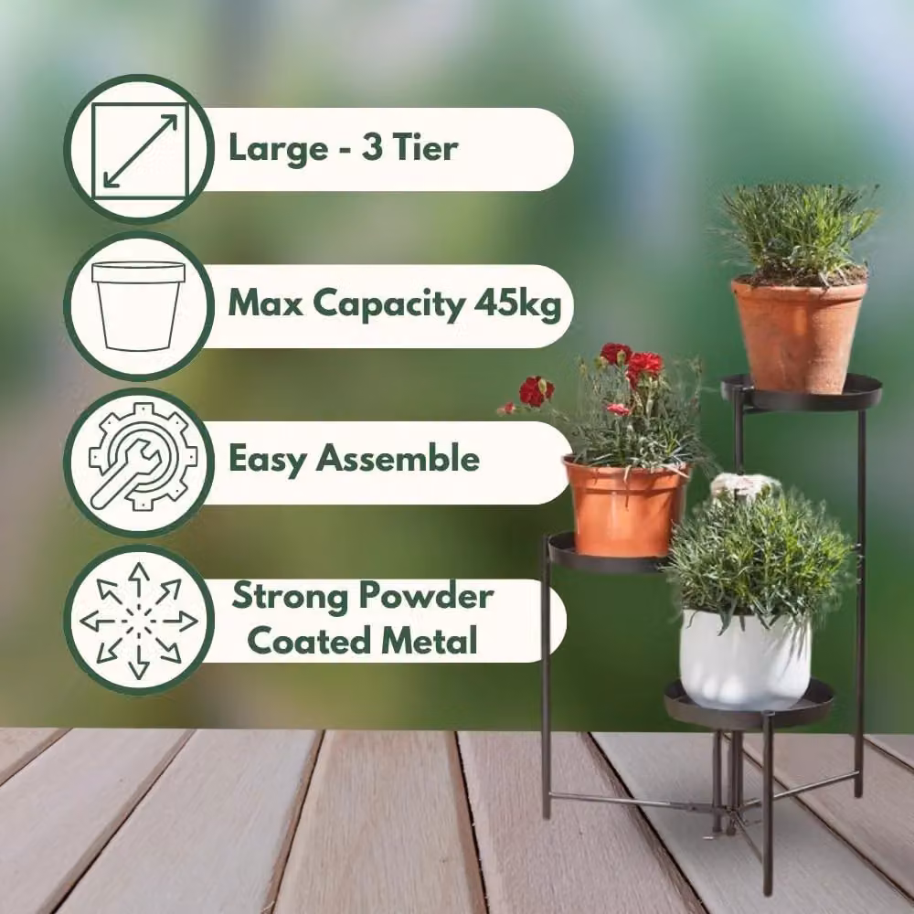 Marco Paul Triple Plant Pot Stand in Black, W/D/H: 60.0 x 38.0 x 3.0 cm – 4