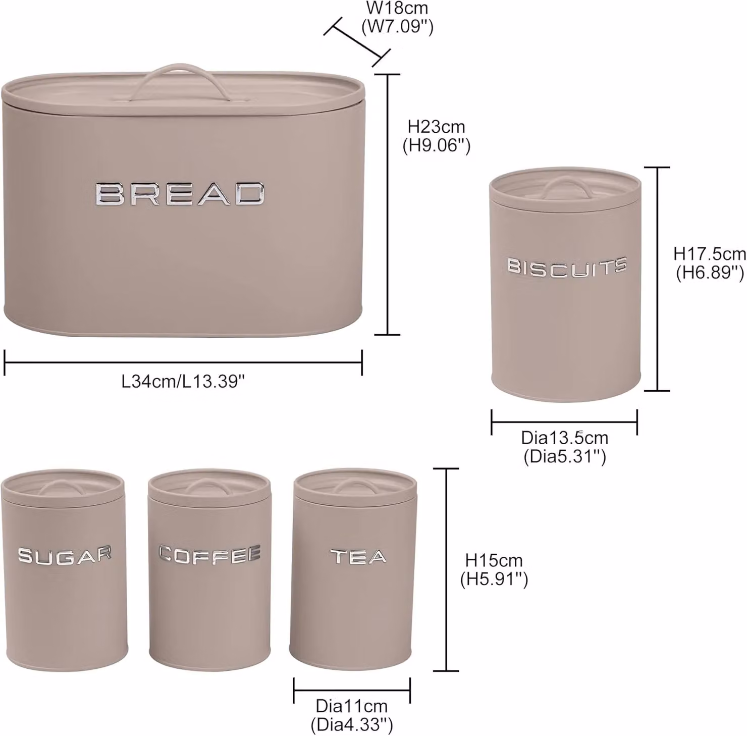 Simpa 5-Piece Metal Kitchen Storage Set in Matte Beige including Bread Bin, Biscuit Tin and Canisters – 2