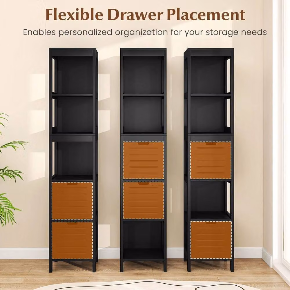 KORVIXA Narrow Freestanding Floor Cabinet with 2 Drawers in Black Wood – 3