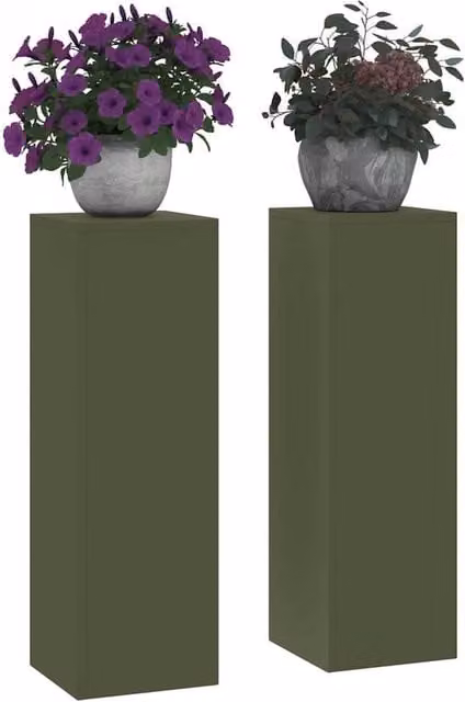 Berkfield Home Outdoor Steel Pillar Plant Stands, 2 Piece Set, Olive Green, W/D/H: 24 x 24 x 75 cm – 1
