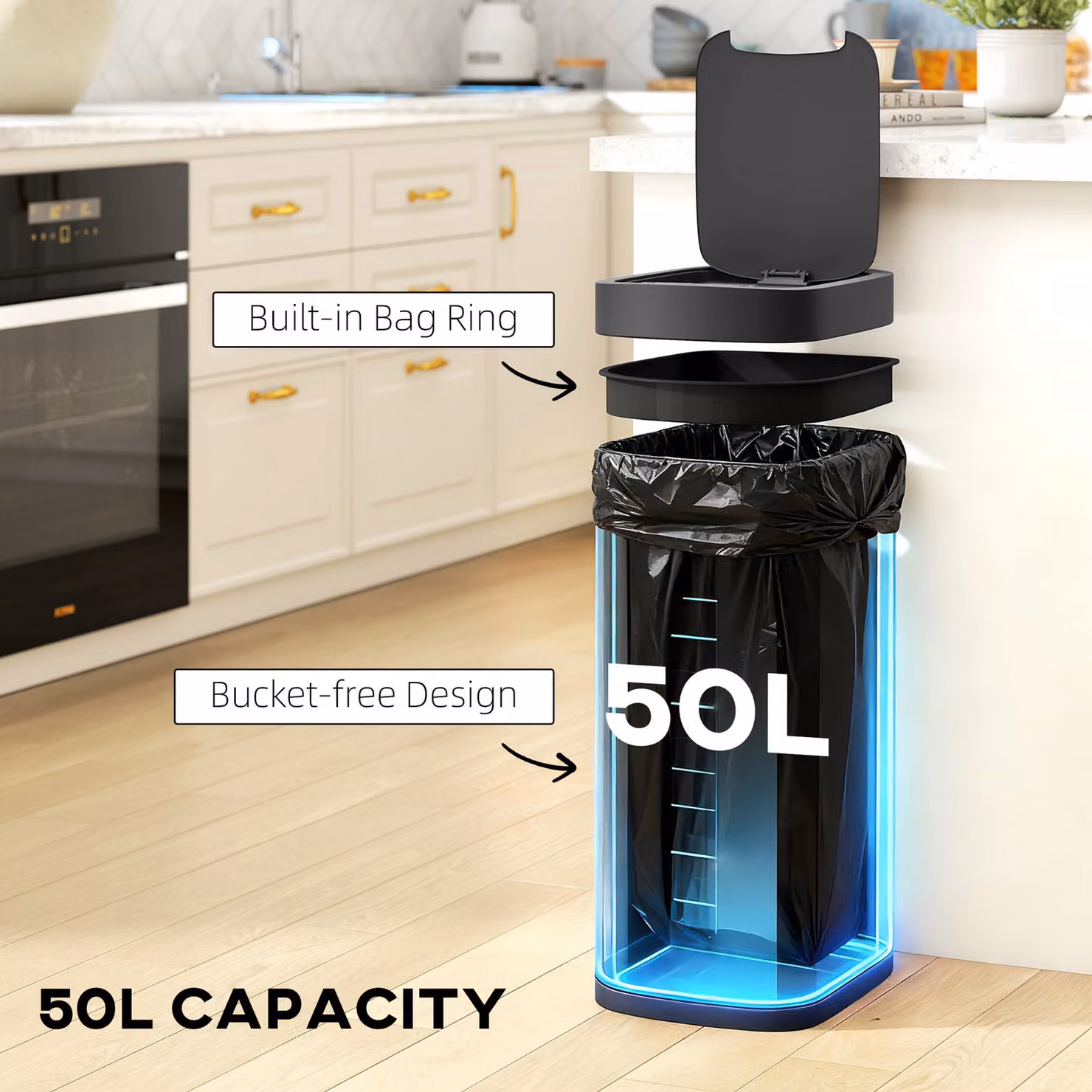 HOMCOM 50L Automatic Sensor Bin with Manual Override in Black – 5