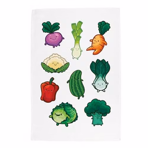 Purely Home Cartoon Vegetables Tea Towel, Multicoloured Panama Cotton, W: 67 cm, H: 45 cm