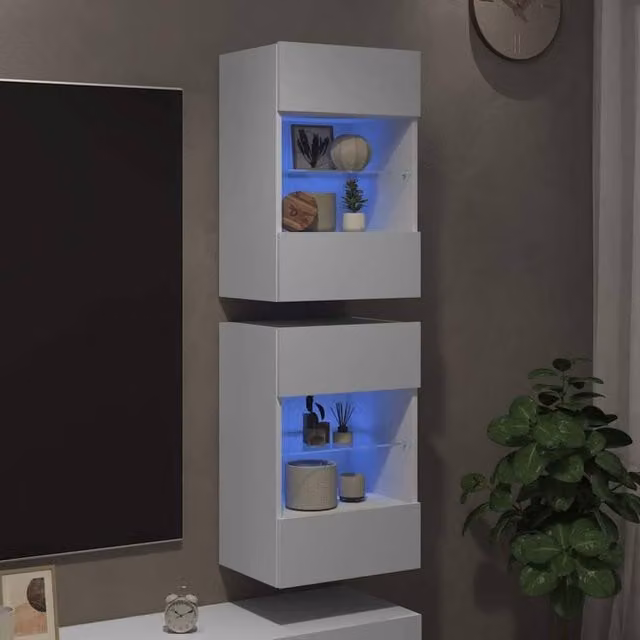 Berkfield Home Set of 2 Modern Glossy White TV Wall Cabinets with LED Lights, W/D/H: 40 x 30 x 60.5 cm