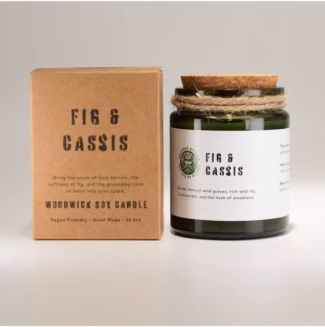 KDMD Greenman Fig Cassis Soy Wax Woodwick Candle with 26 Hour Burn Time in Green