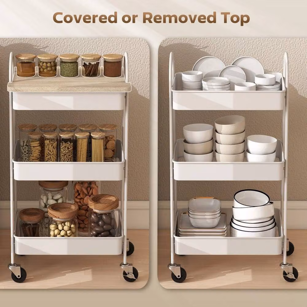 PAWNORA Modern Metal Rolling Utility Cart with Mesh Baskets in Matt White – 5