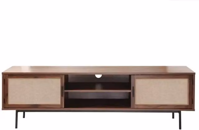 CALICOSY Jetson TV Unit in Dark Brown Walnut Finish with Fabric Fronts, W: 140 cm, D: 39.5 cm, H: 45 cm – 1