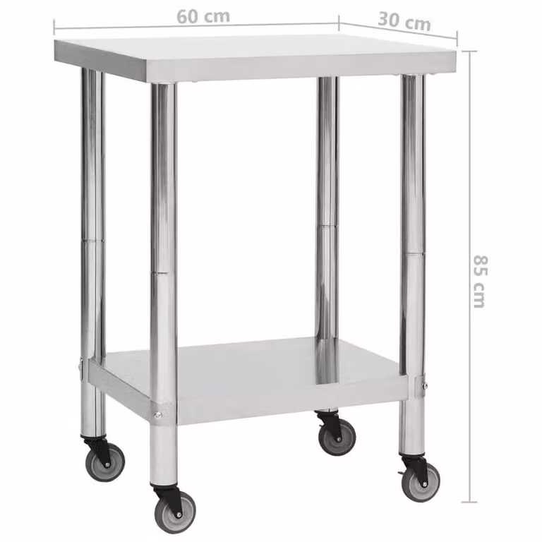 FLAVORA Stainless Steel Rolling Kitchen Work Table in Metallic Silver, W/D/H: 60 x 30 x 85 cm