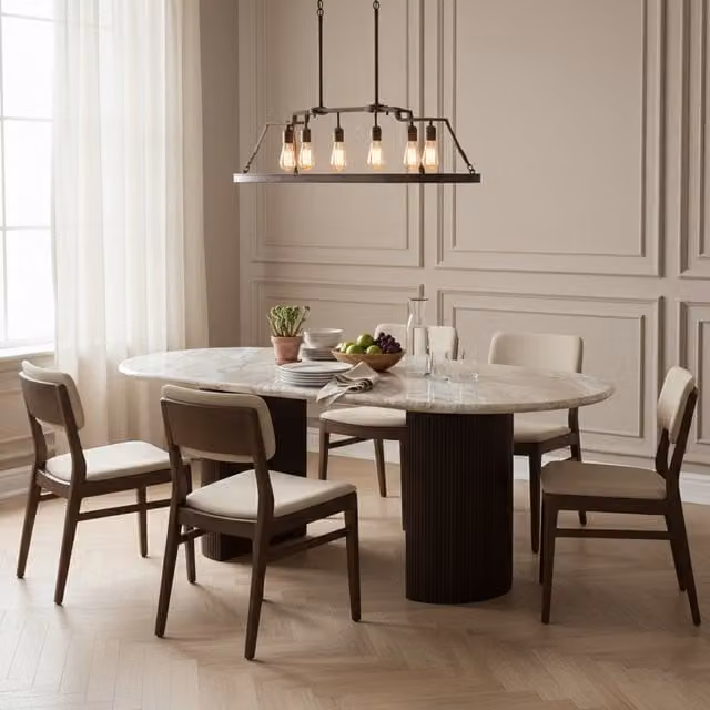 IH Design Ajmer Oval Natural Stone Marble Dining Table with Dark Wood Legs, 6 to 8 Seater, Tan