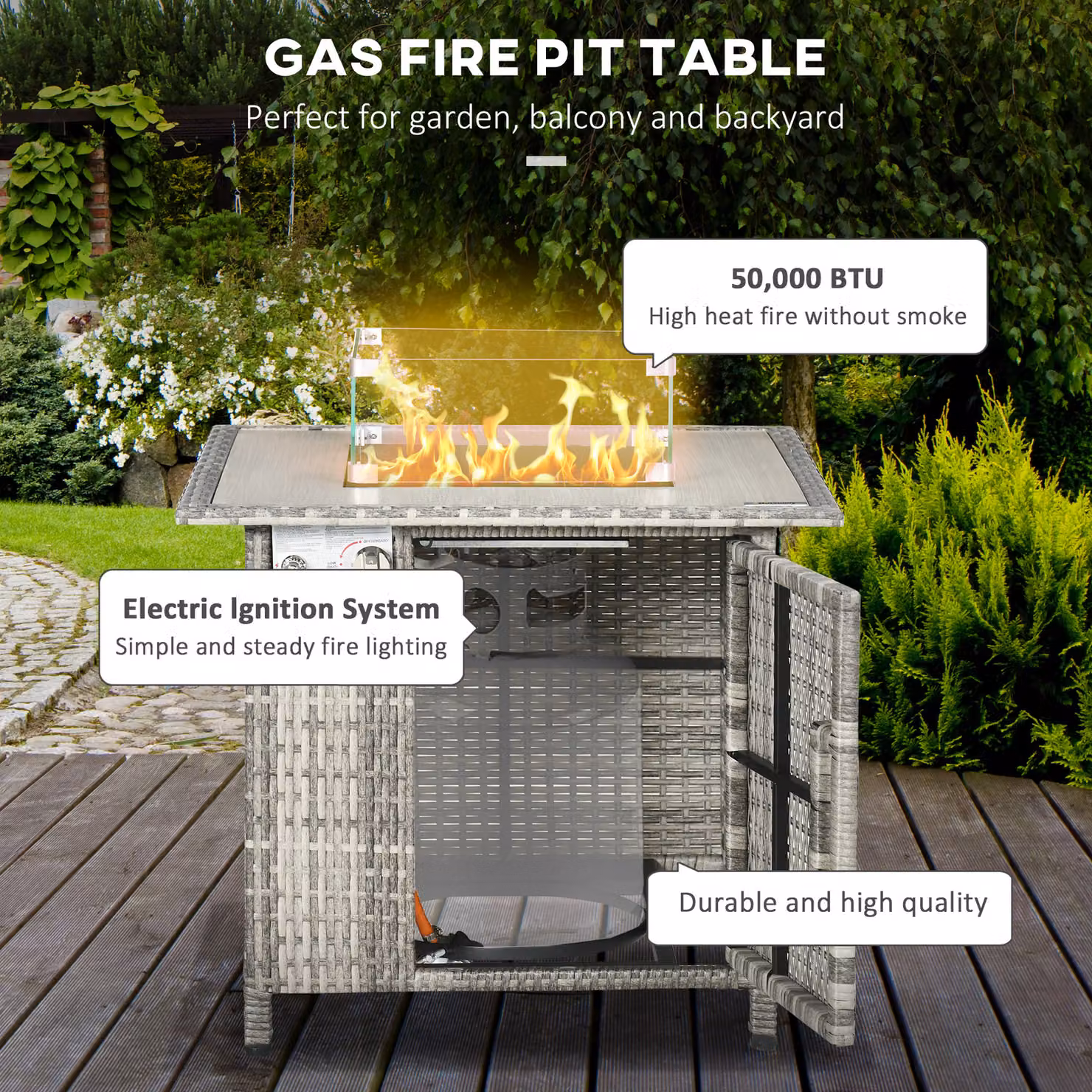 Outsunny Grey Polyrattan Gas Fire Table with Weather Cover and Lava Stone, W/D/H: 71 x 71 x 62 cm – 4