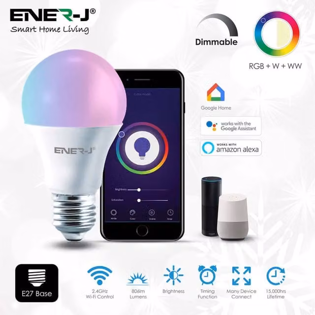 EnerJ Smart 9W RGBW Smart Wi-Fi A60 Bulb with E27 Holder, 806 Lumens, Dimmable and Multicolour
