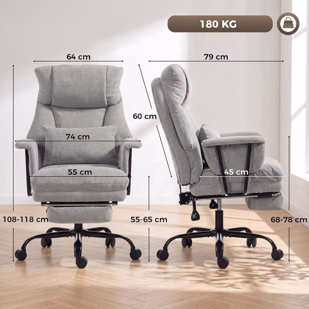 HOMCOM Grey Fabric Task Chair with Armrests and Lumbar Support for Home Office, 180kg Capacity – 3