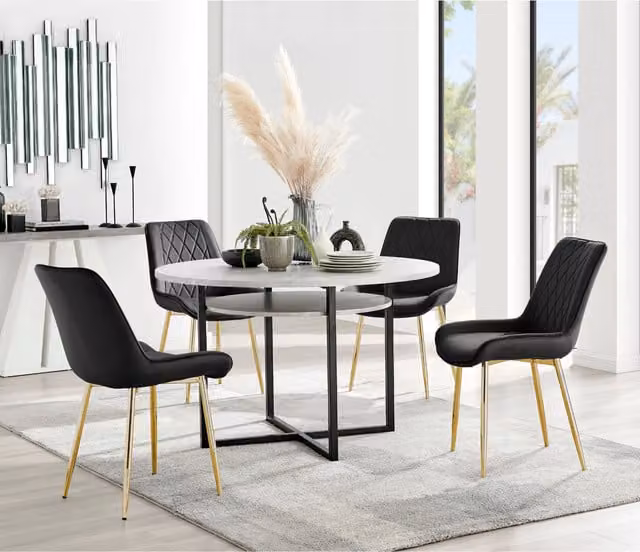 FurnitureboxUK Adley Grey Concrete Effect Round Dining Table and 4 Pesaro Gold Leg Chairs in Black