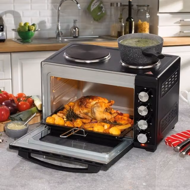 Daewoo Black Electric Oven with 32L Capacity, 1500W Oven, 1000W and 600W Hot Plate Hobs and 60min Timer