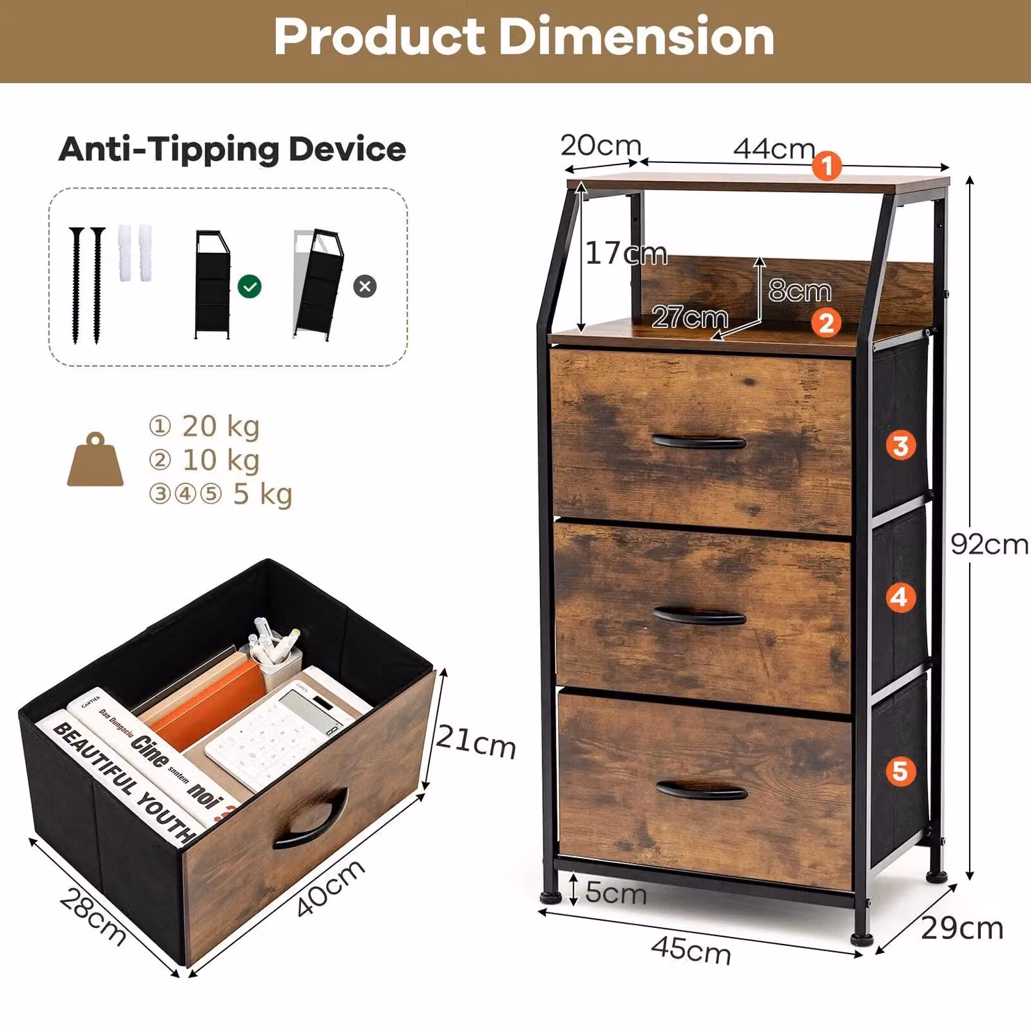 Costway Freestanding 3 Drawer Organizer Unit Dresser in Dark Brown – 2