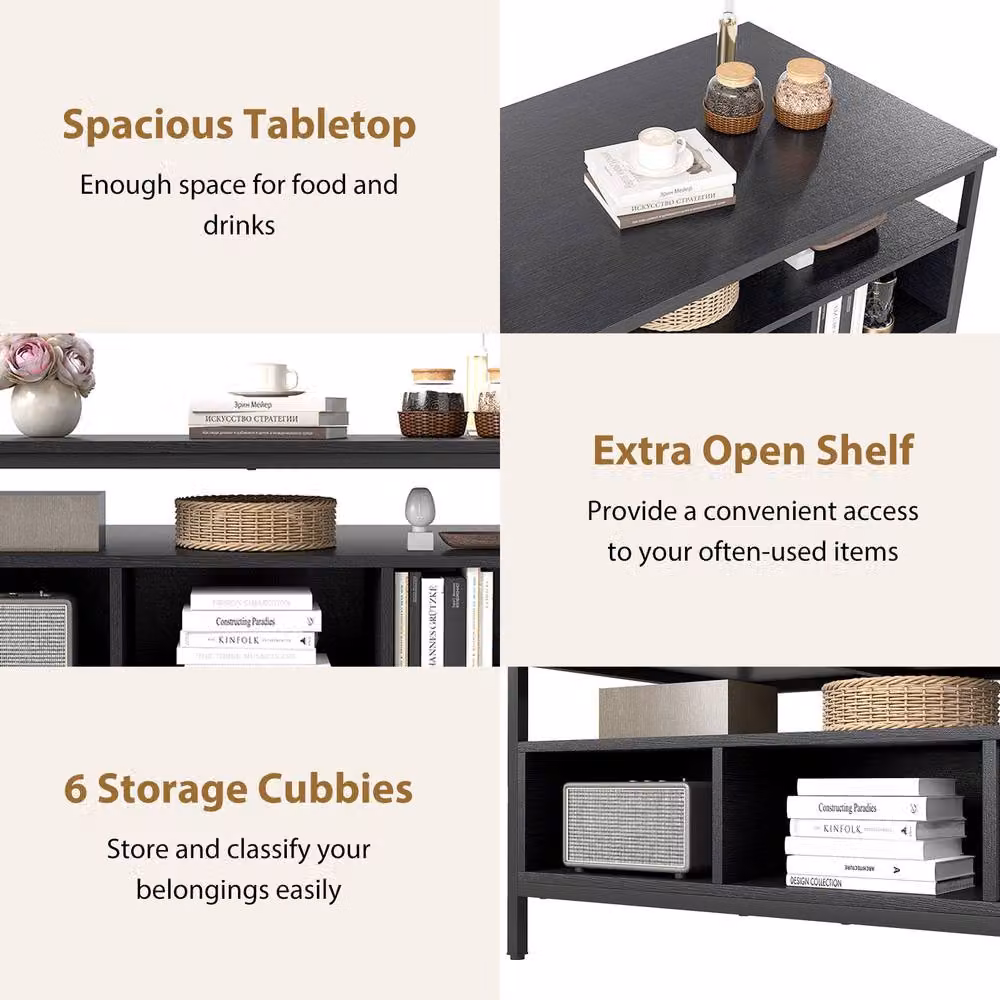 Gymax 3-Tier Rectangular Coffee Table with Shelf, Black Metal and Wood Frame – 8