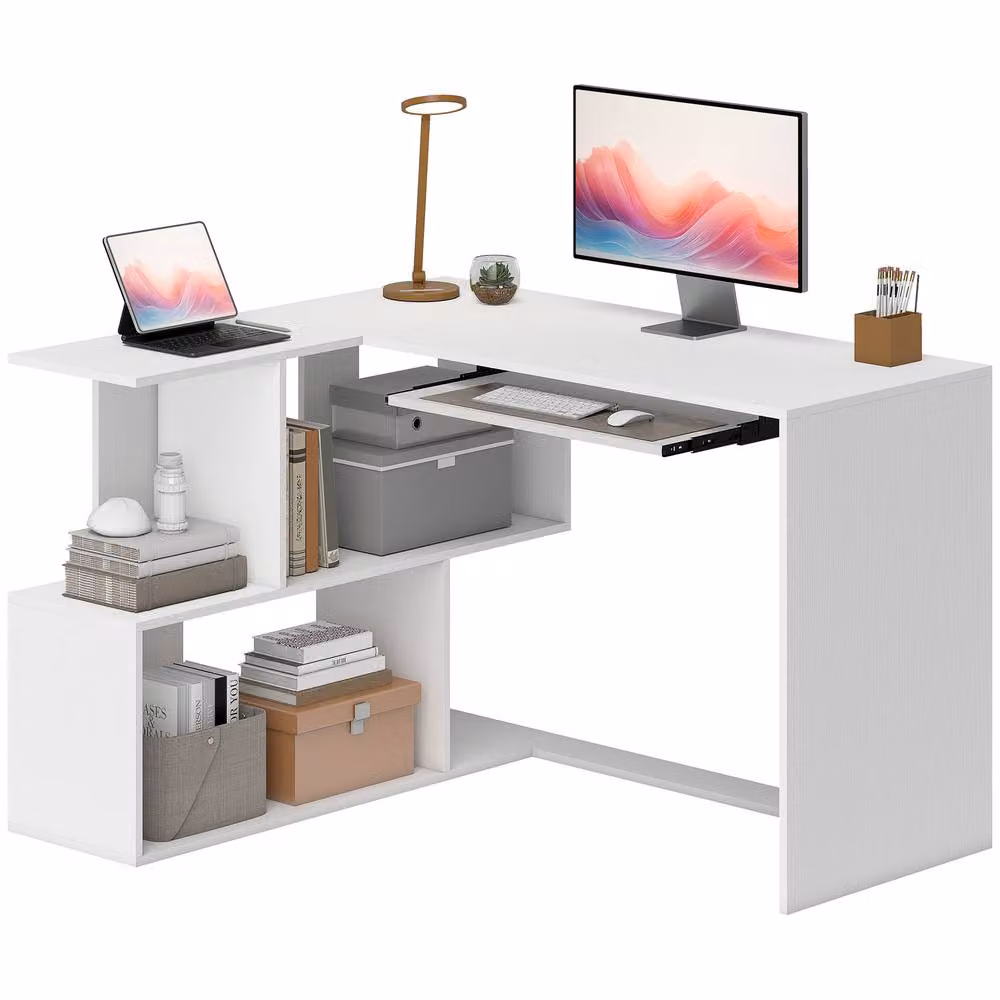 STILVORA L-Shaped Corner Desk in White with Keyboard Tray and Shelves – 4
