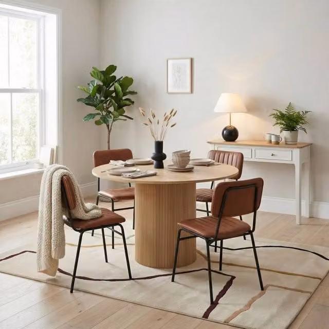FurnitureboxUK Penrose Oak Effect Round Dining Table and 4 Tan Delta Chairs