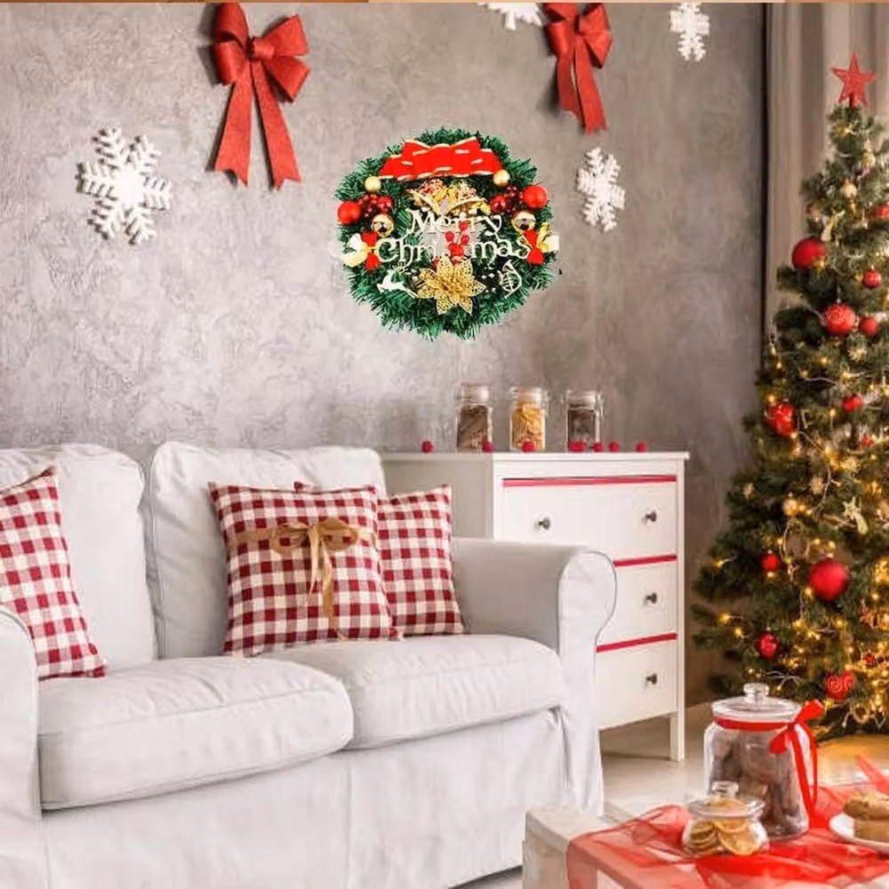 Kelvenix Christmas Wreath Garland with Bells and Bows in Green, Red and Gold – 4