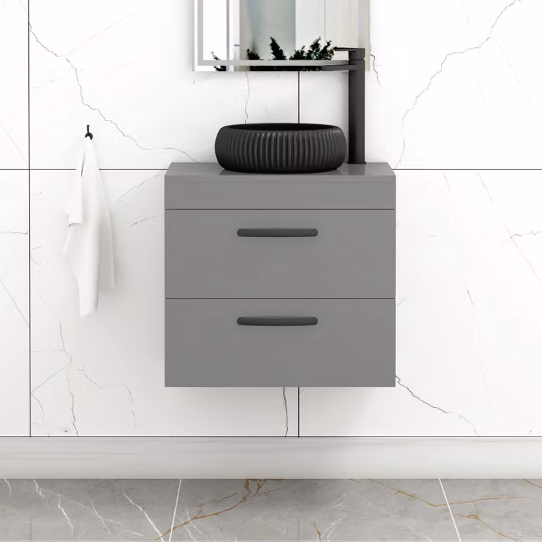Royal Bathrooms Turin 600mm Wall Hung Vanity Unit with 2 Drawers in Indigo Grey Gloss and Milan Black Countertop Basin
