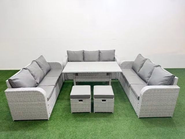 Fimous 11 Seater PE Rattan Outdoor Garden Lounge Sofa Set with Rectangular Dining Table, 3 Seater Sofa and 2 Stools in Light Grey