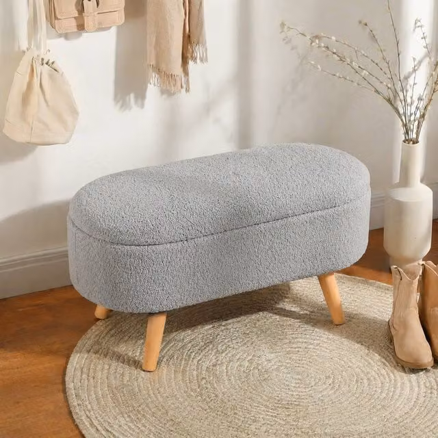 STILVORA Grey Fabric Rectangular Storage Ottoman with Pine Wood Frame