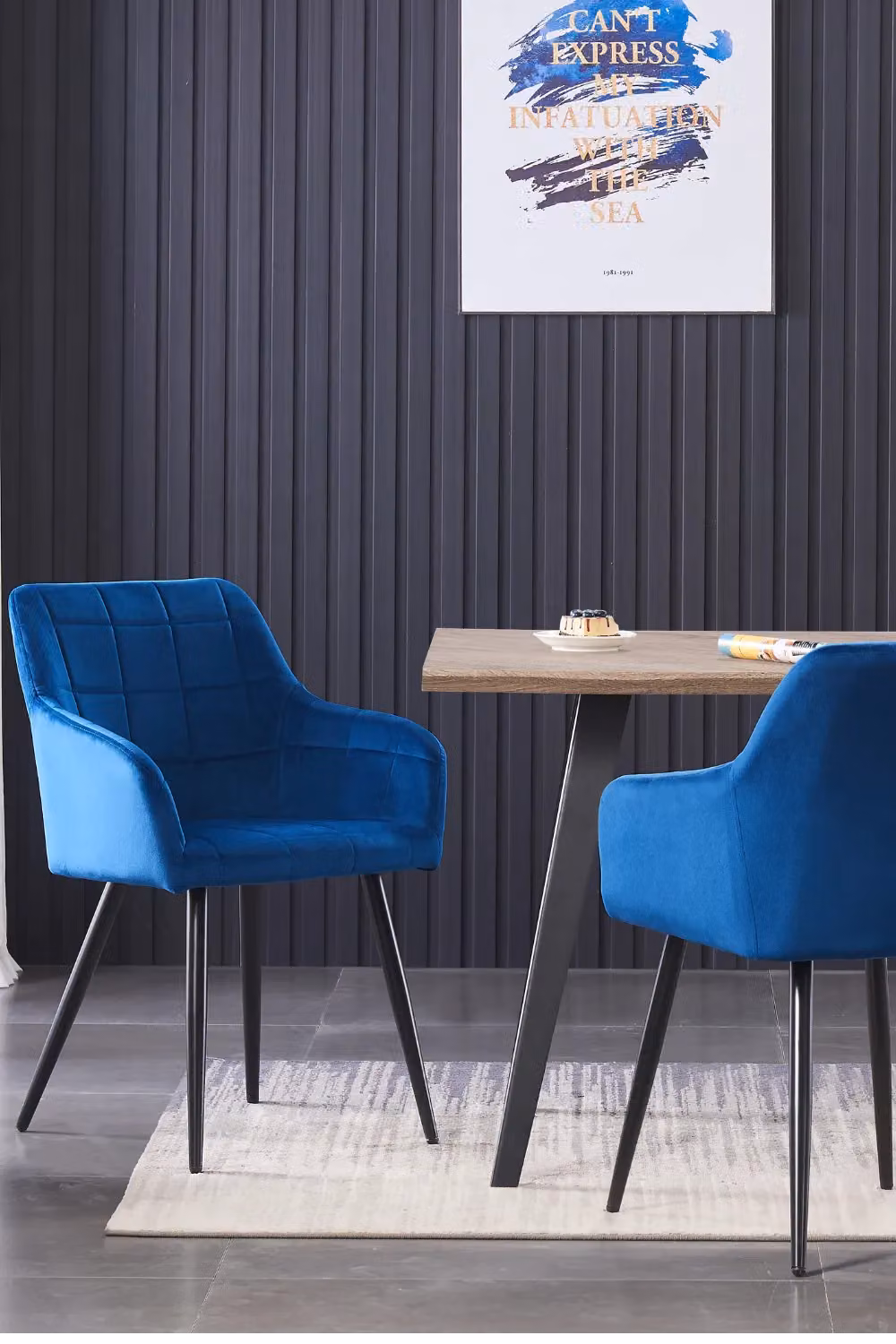 Life Interiors Camden Modern Velvet Dining Chair with Armrests and Black Metal Legs in Blue – 8