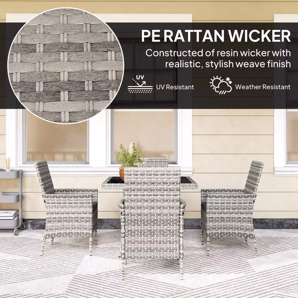 STILVORA 4-Seater Modern Dining Set with Grey Tempered Glass, Rattan and Metal Design – 4