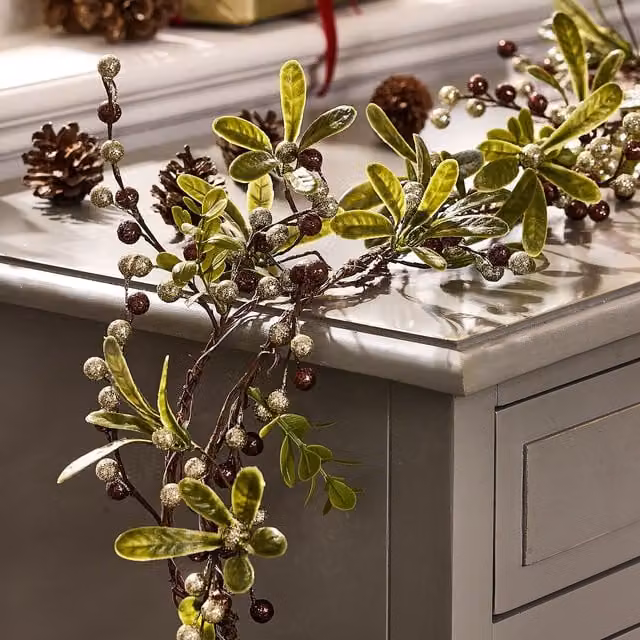 Dibor Copper Mistletoe Light Up Christmas Table Decoration Garland, 1.6m, Gold and Green