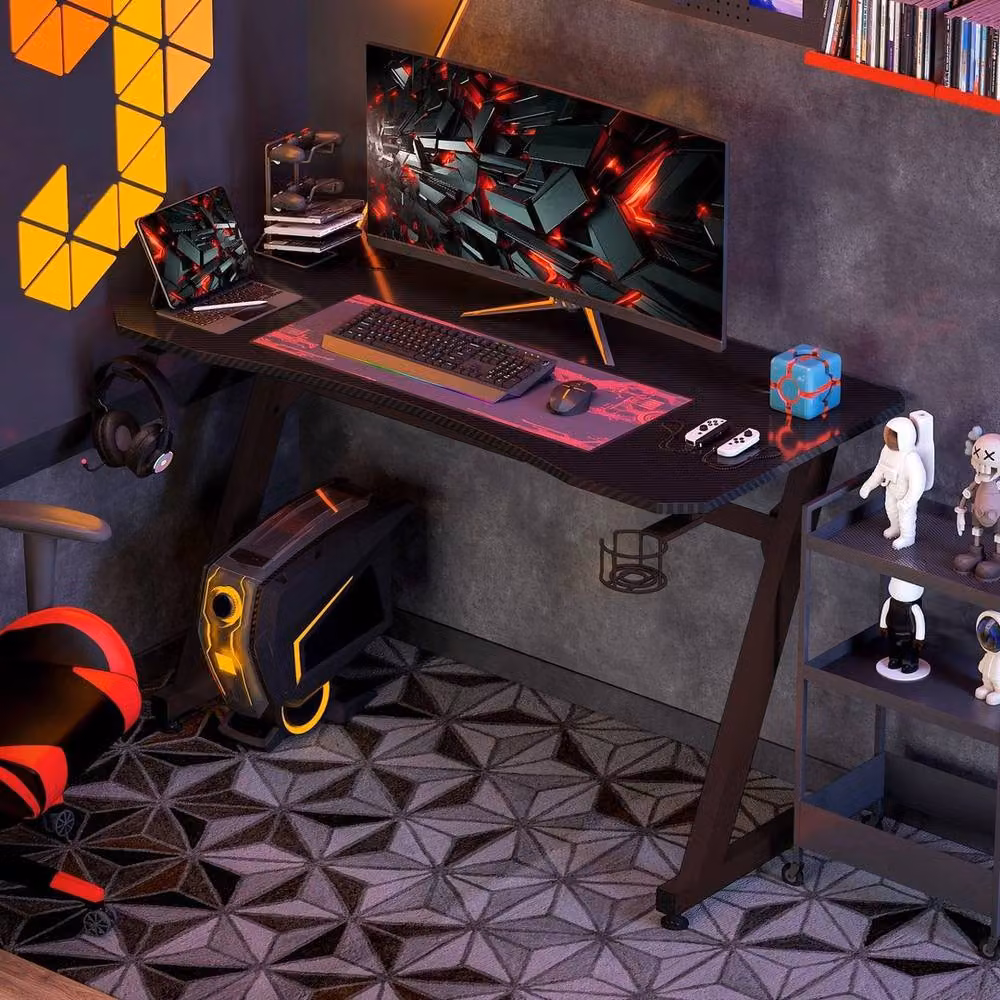 KORVIXA Black Gaming Desk with Metal Frame and Cup Holder, Width: 100 cm – 3