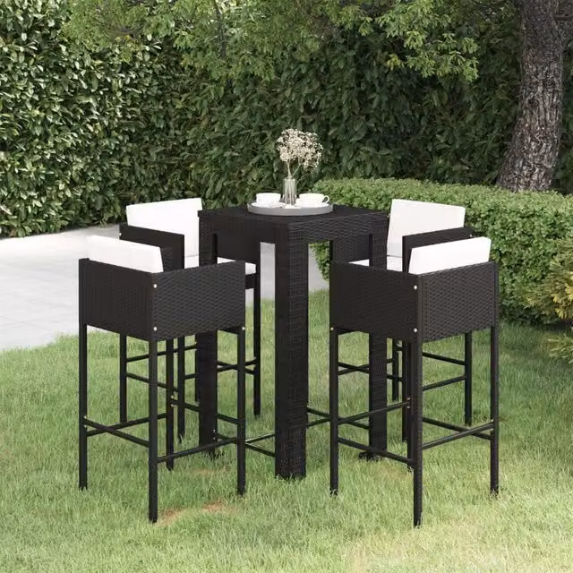 Berkfield Home 5 Piece Poly Rattan Garden Bar Set with Cushions in Black