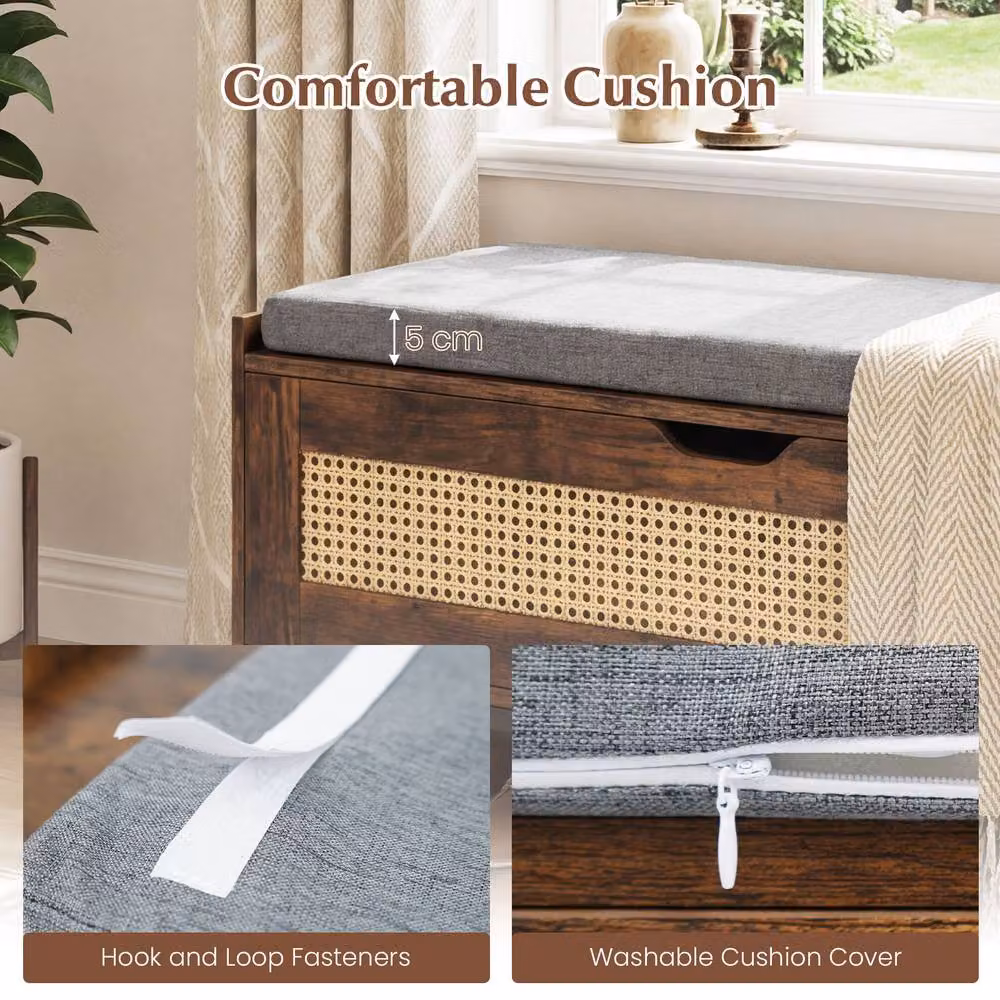 Costway Rattan Storage Chest and Wicker Shoe Bench with Padded Seat and Flip-Top in Brown – 6