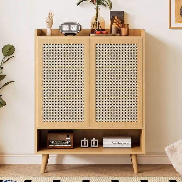 BTM Freestanding Rattan Shoe Storage Cabinet in Brown, W: 80 cm, D: 35 cm, H: 105 cm